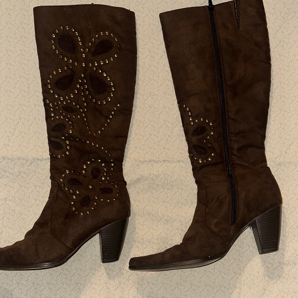 Brown Faux Suede Knee-High Boots